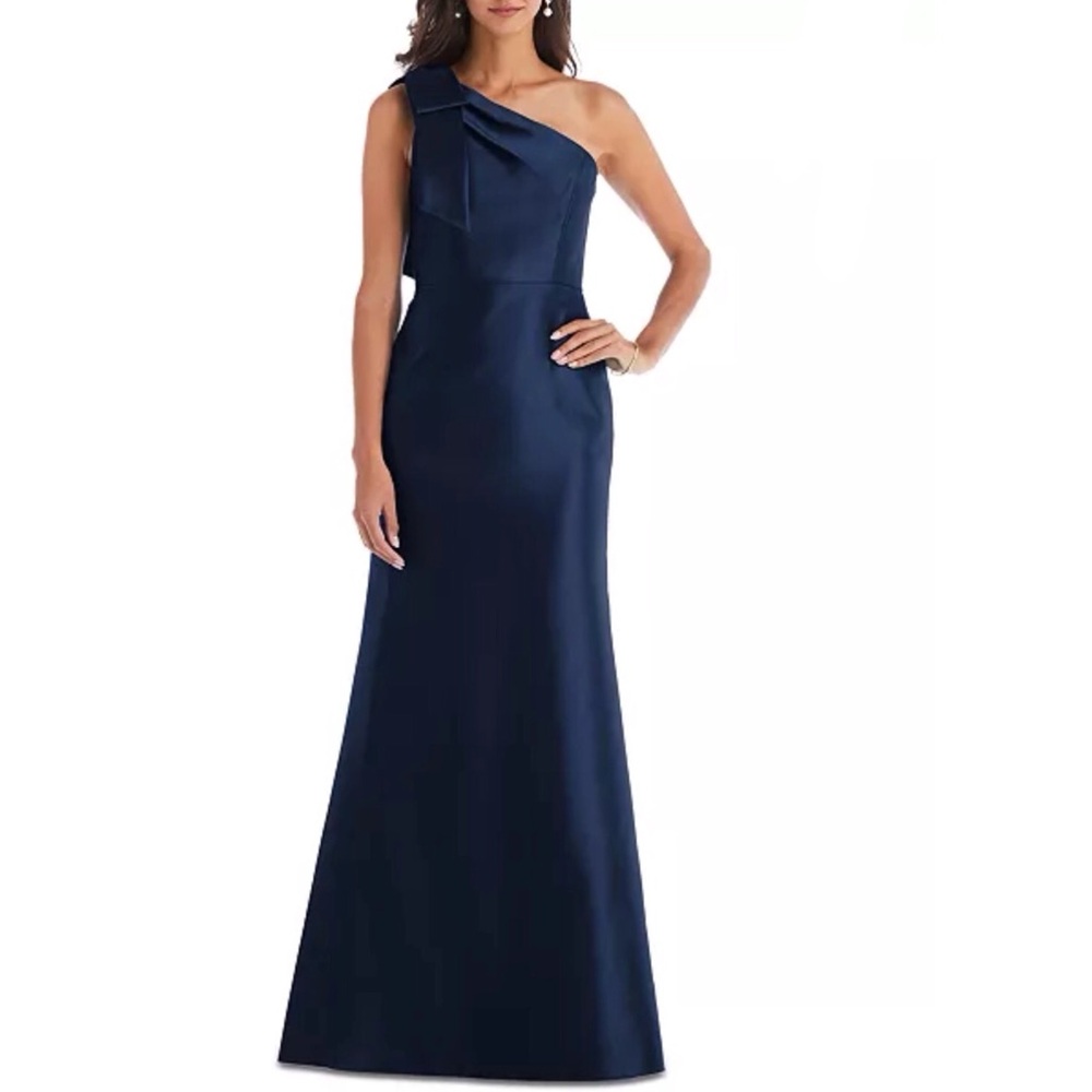 ALFRED SUNG Navy One-Shoulder Satin Evening Gown